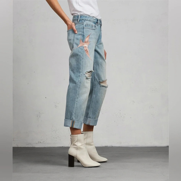 AllSaints Alana Embroidered Bird Distressed Boyfriend Jeans in Blue/Pink Size 26 - Picture 1 of 13